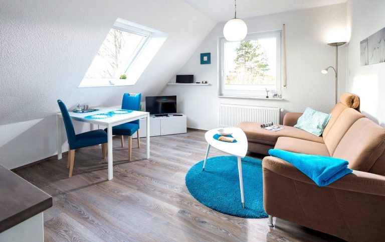 Heller Wohn- und Essbereich der Ferienwohnung Tillmanns Pusteblume in Norddeich mit Sofa, Essplatz und Dachfenster.