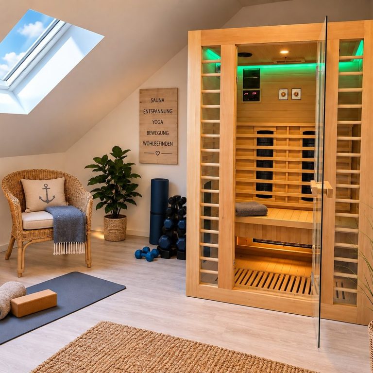 tillmanns-wellnessbereich-infrarotsauna-yoga.jpg Wellnessbereich von Tillmanns Ferienwohnungen in Norden mit Infrarotsauna, Yoga-Ausstattung und Ruhebereich