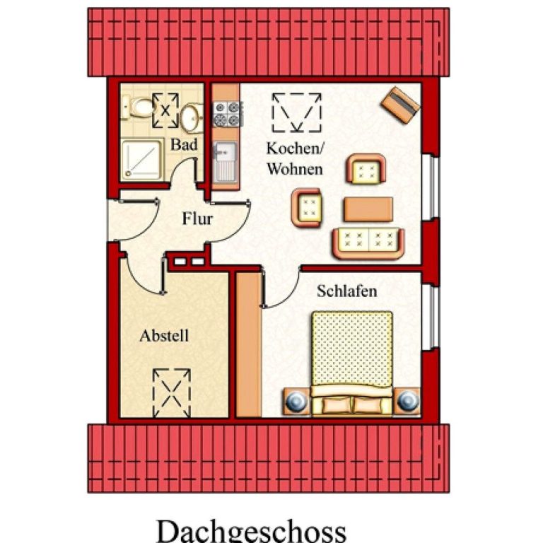 Grundriss der Ferienwohnung Tillmanns Pusteblume in Norddeich mit Wohnbereich, Küche, Schlafzimmer, Bad und Abstellraum im Dachgeschoss.