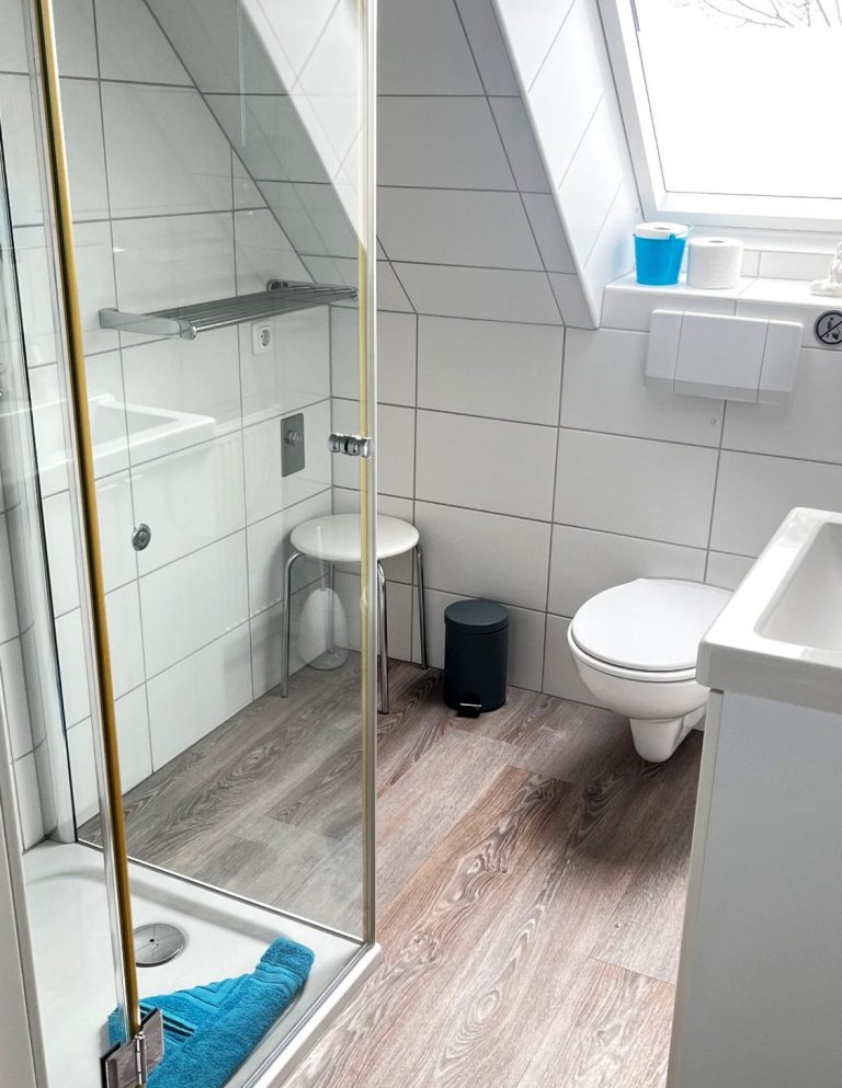 Helles Bad mit Dusche, Toilette, Waschbecken und einem Stuhl im Dachgeschoss.